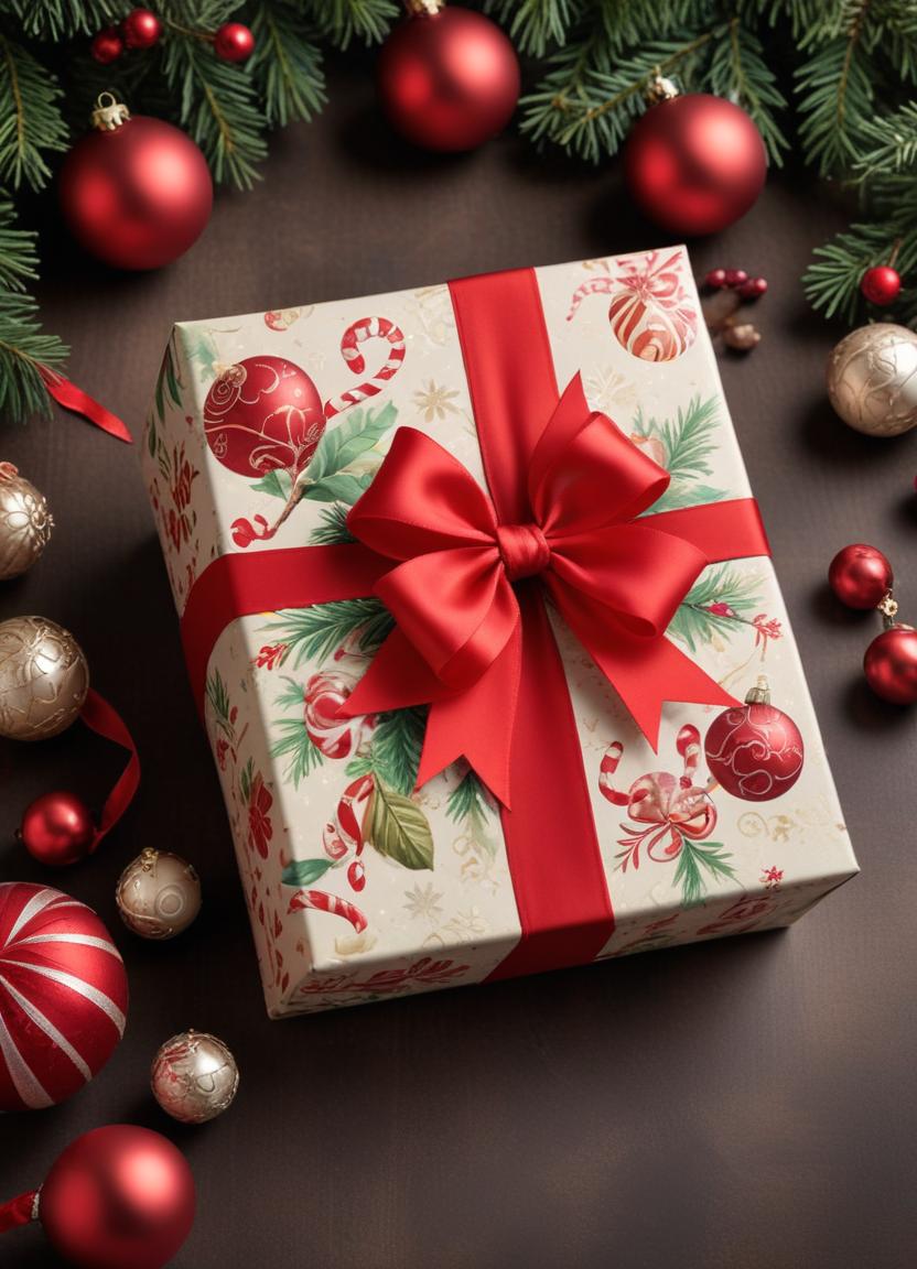 Christmas gift wrapped in vibrant red ribbon and decorations Christmas gift wrapped in vibrant red ribbon and decorations