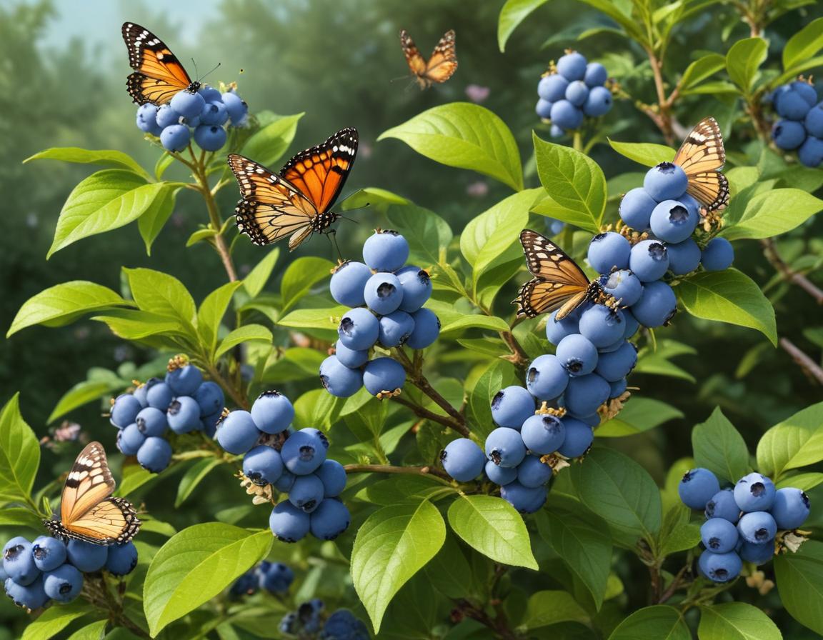 Butterflies and blueberries in a vibrant garden setting Butterflies and blueberries in a vibrant garden setting