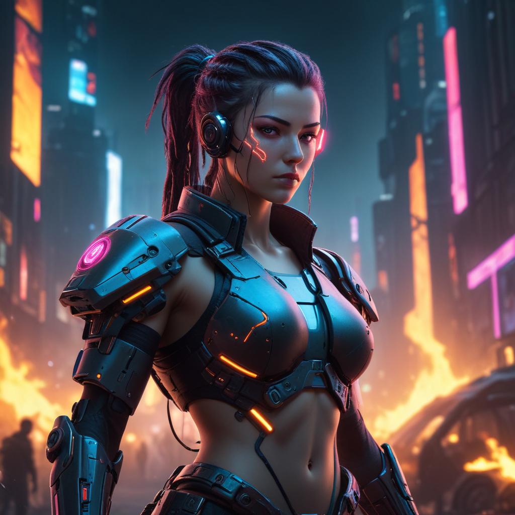 Futuristic warrior stands in a neon cityscape at night Futuristic warrior stands in a neon cityscape at night