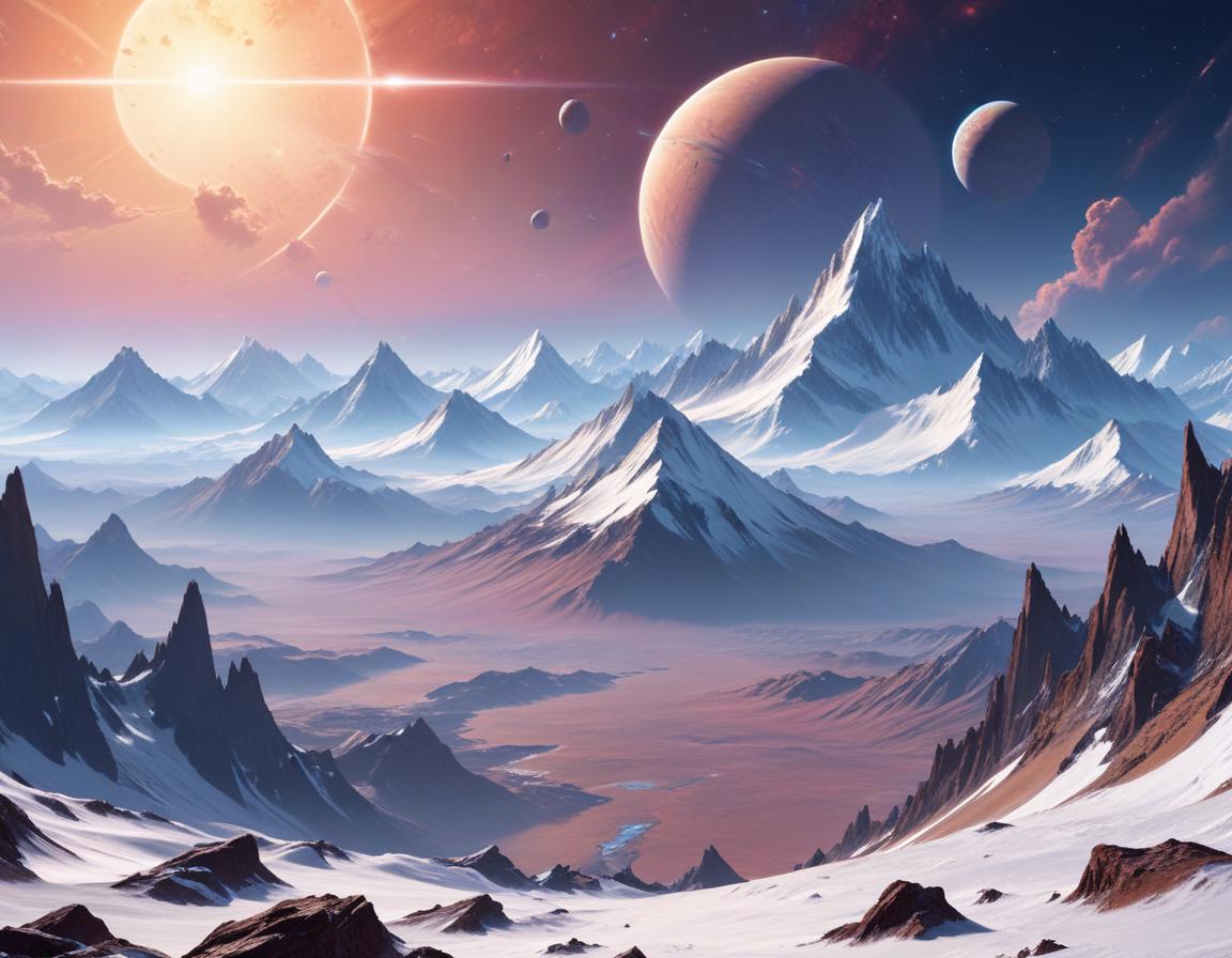 Stunning alien landscape with mountains and distant planets Stunning alien landscape with mountains and distant planets