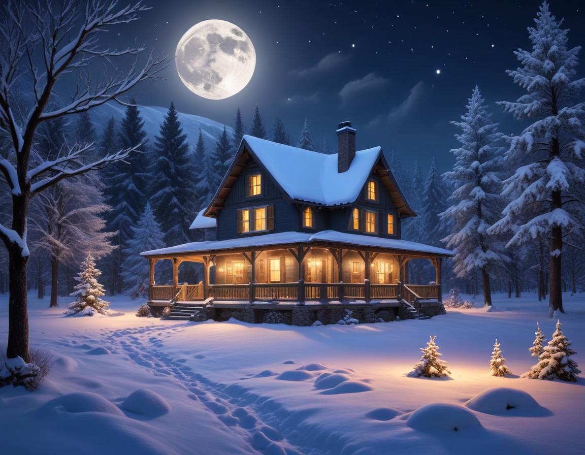 Cozy winter cabin under a bright full moon Cozy winter cabin under a bright full moon