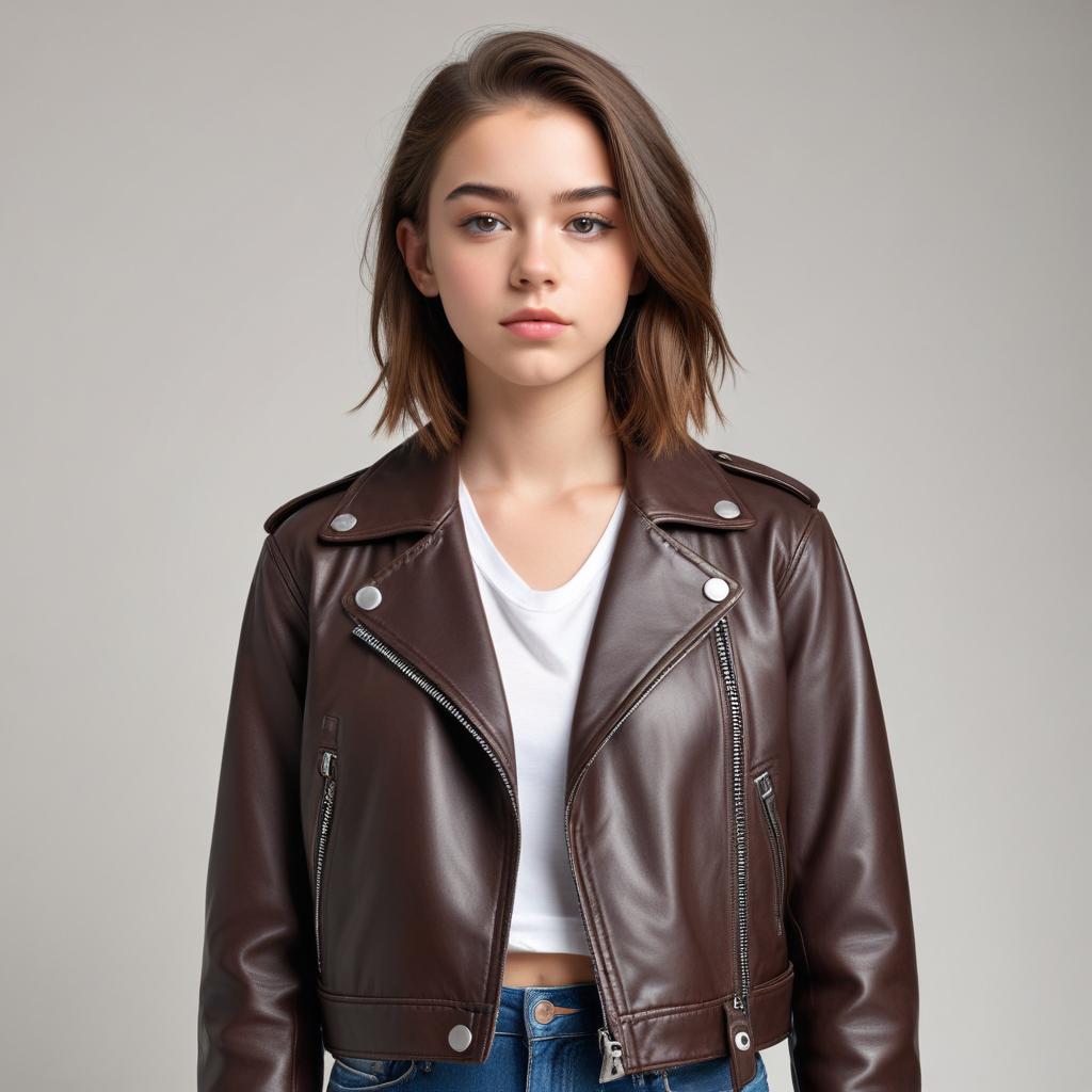 Confident young woman in chic brown leather jacket Confident young woman in chic brown leather jacket