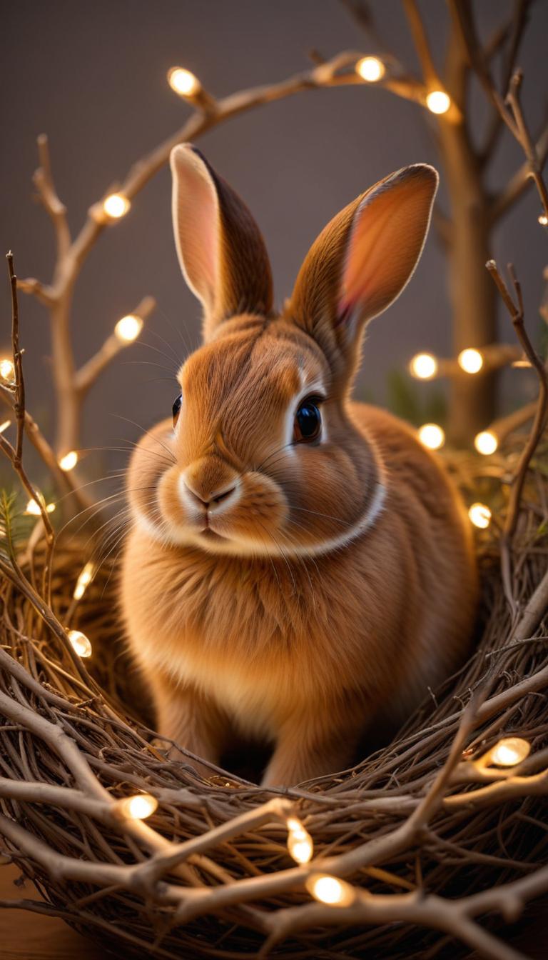 Cute rabbit sitting in a cozy nest with fairy lights Cute rabbit sitting in a cozy nest with fairy lights