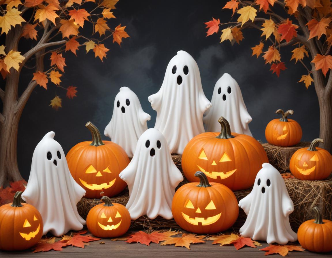 Halloween decorations with ghost figures and pumpkins Halloween decorations with ghost figures and pumpkins