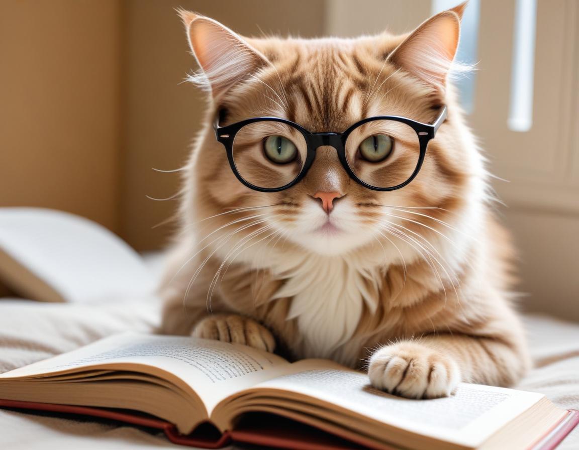 Cat wearing glasses reading a book indoors at home Cat wearing glasses reading a book indoors at home