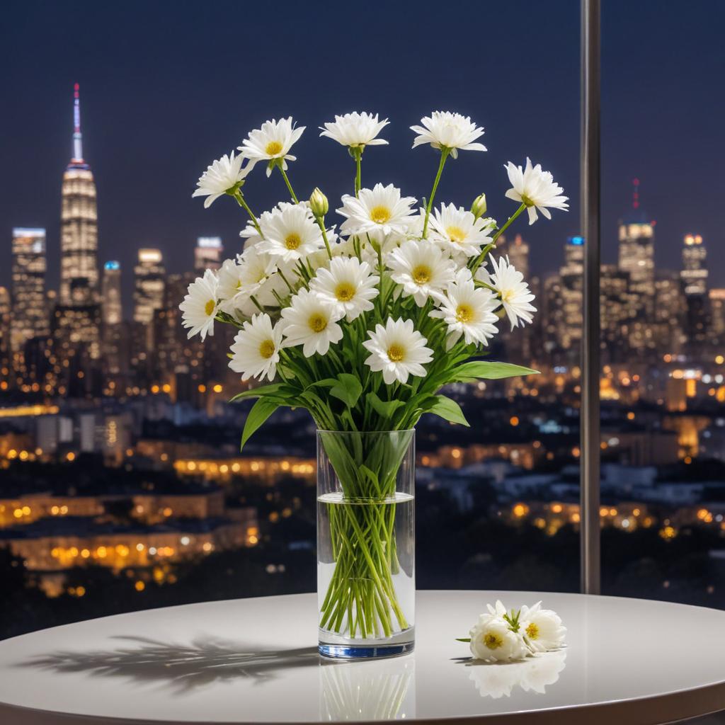 Bright daisies in a glass vase with city skyline view Bright daisies in a glass vase with city skyline view