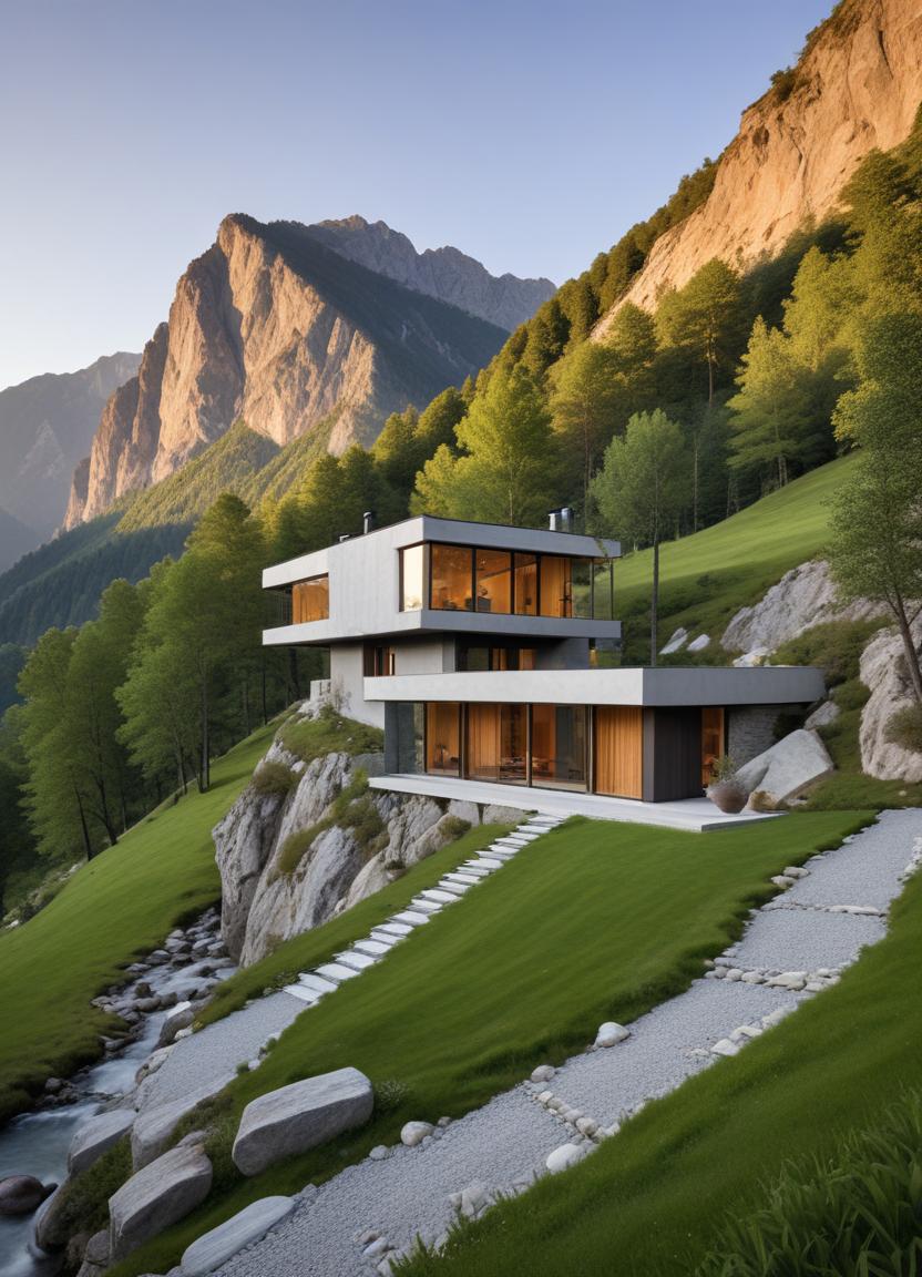 Modern house surrounded by mountains and lush greenery Modern house surrounded by mountains and lush greenery