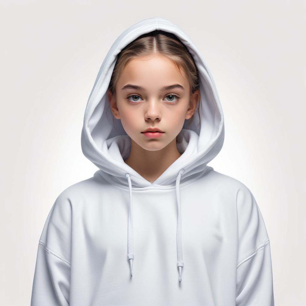 Young girl wearing a white hoodie with a serious expression Young girl wearing a white hoodie with a serious expression