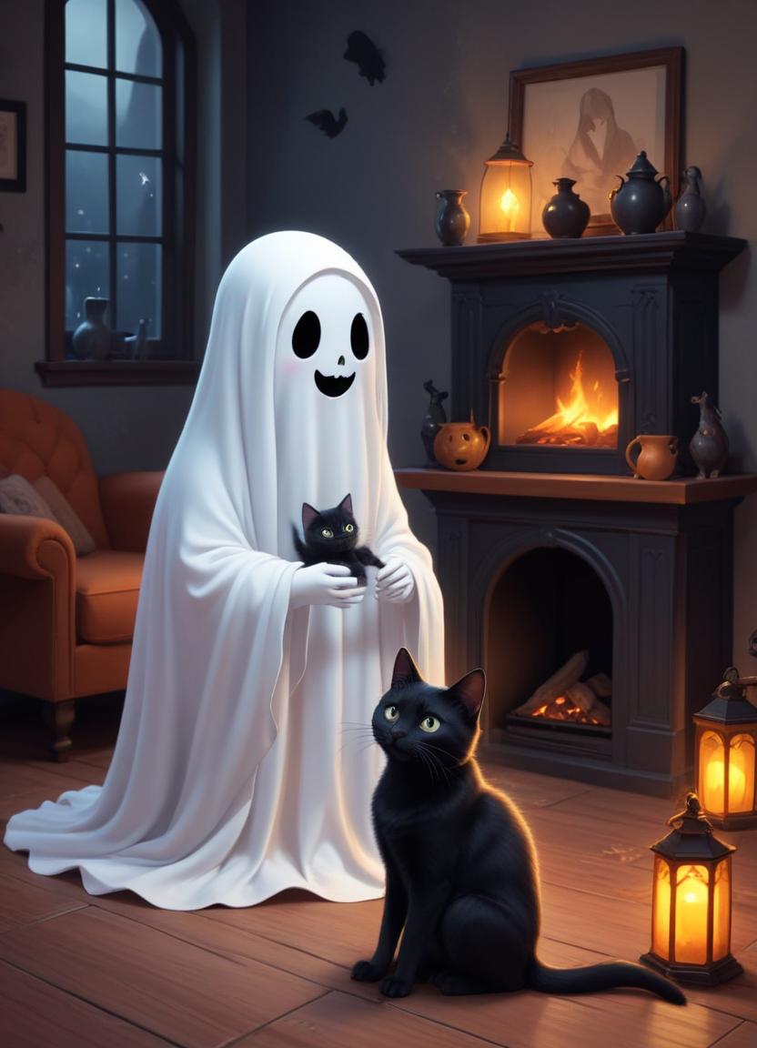 Ghost and cats in cozy halloween room setting Ghost and cats in cozy halloween room setting