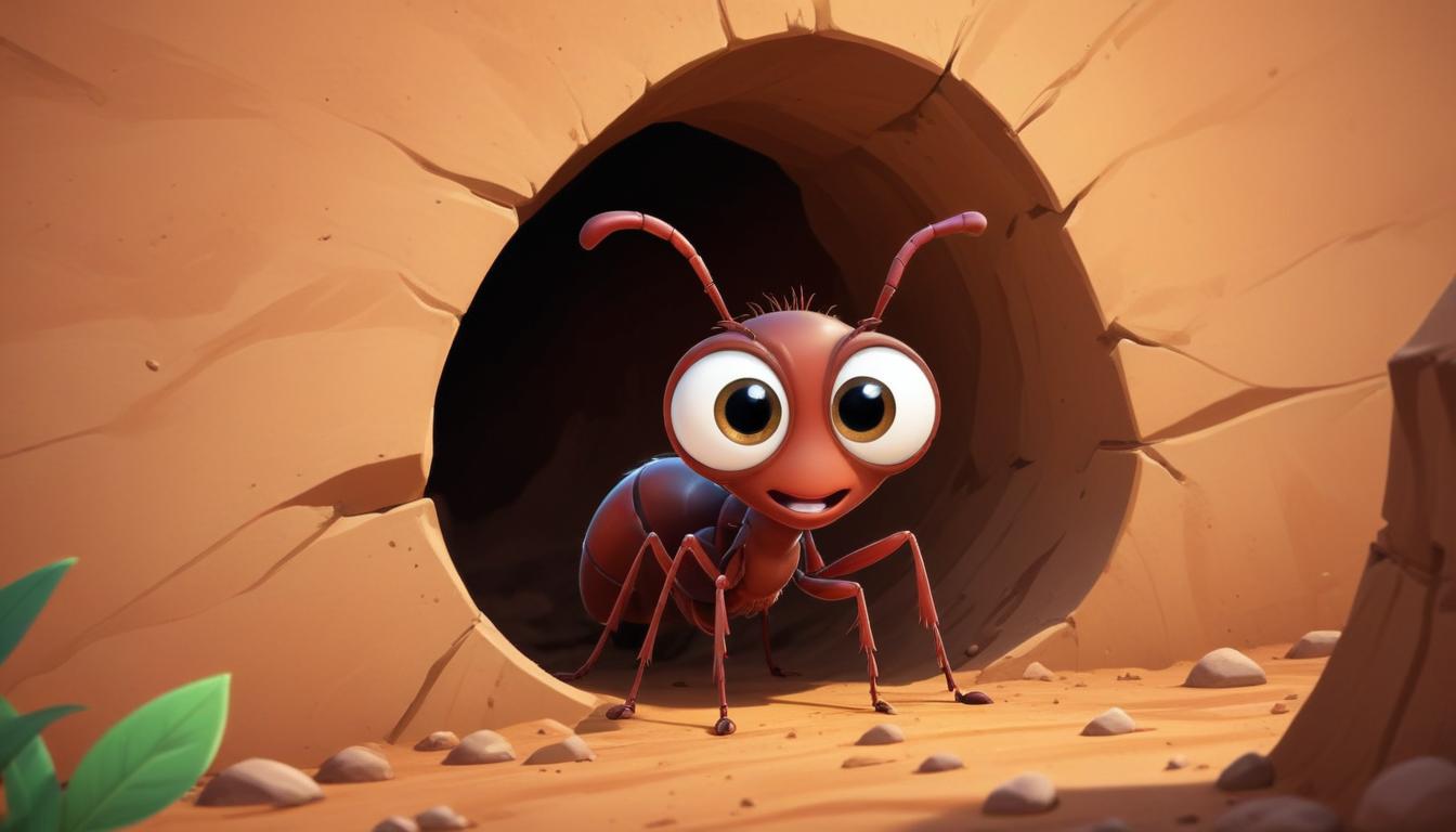 Friendly cartoon ant peeks out from its underground home Friendly cartoon ant peeks out from its underground home