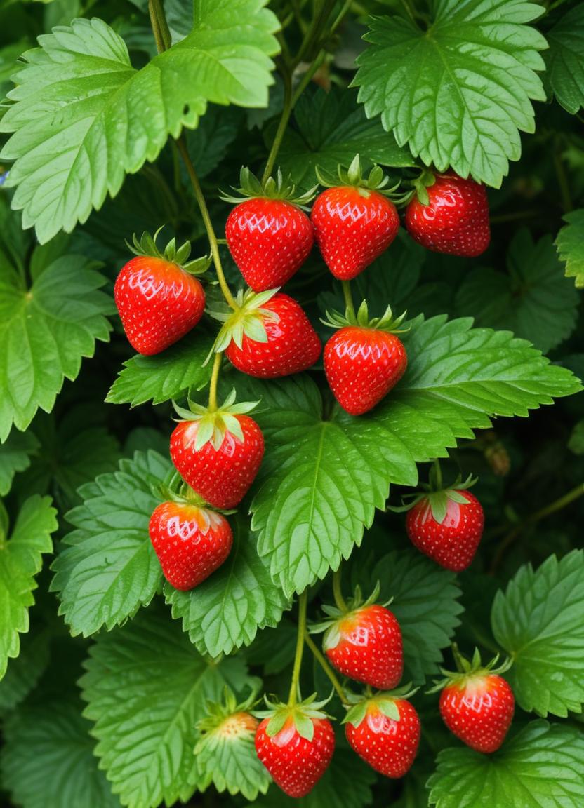Fresh red strawberries growing among green leaves Fresh red strawberries growing among green leaves
