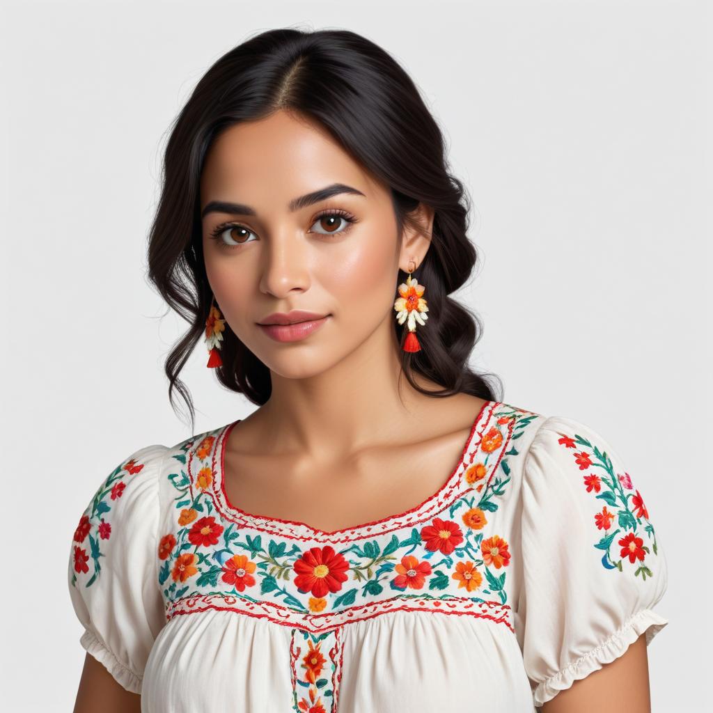 Young woman in embroidered dress with floral patterns Young woman in embroidered dress with floral patterns