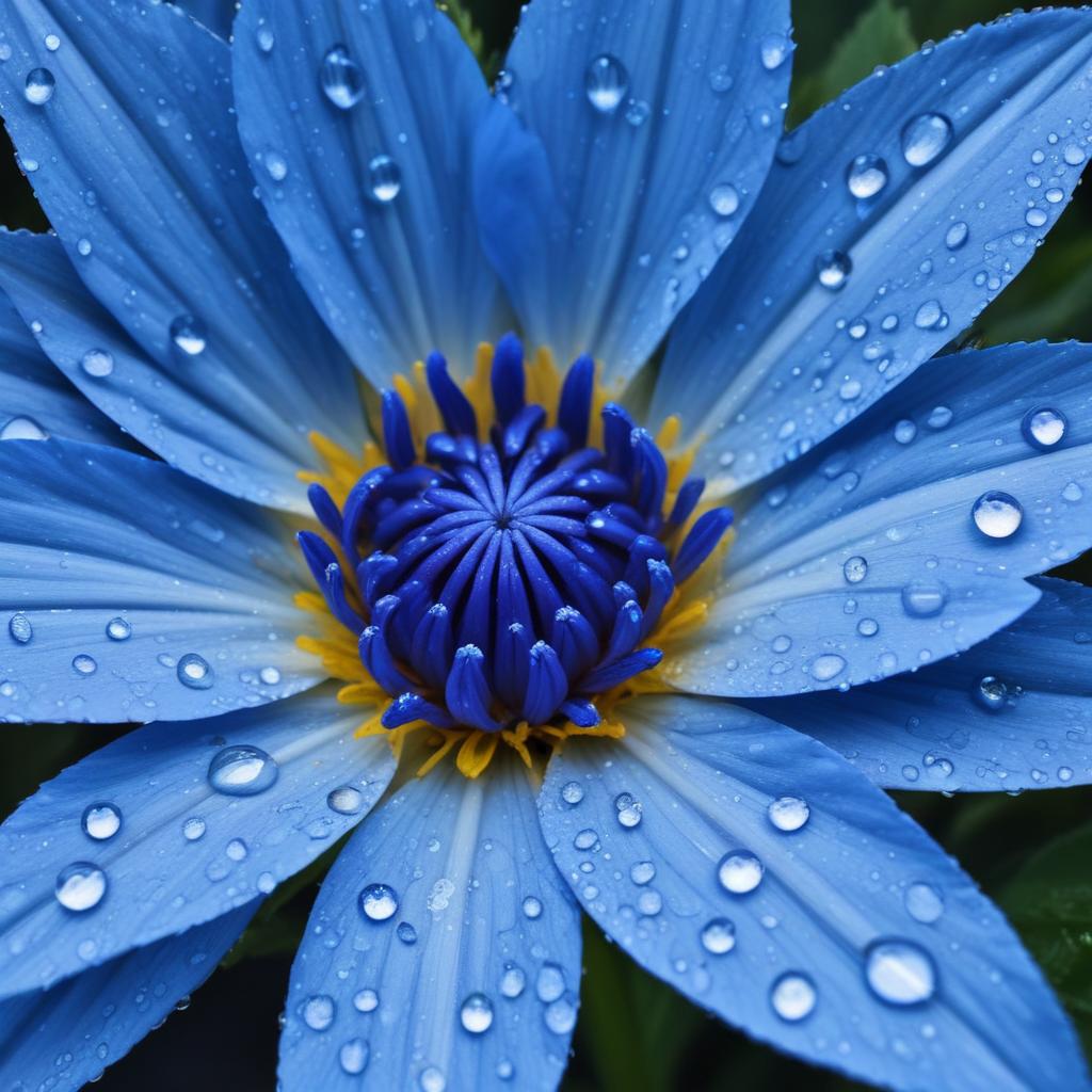 Blooming blue flower with raindrops in garden setting Blooming blue flower with raindrops in garden setting