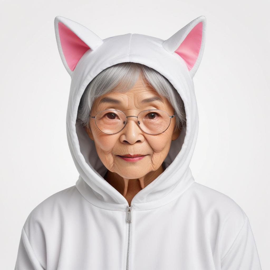 Elderly woman in cute animal hoodie with ears Elderly woman in cute animal hoodie with ears
