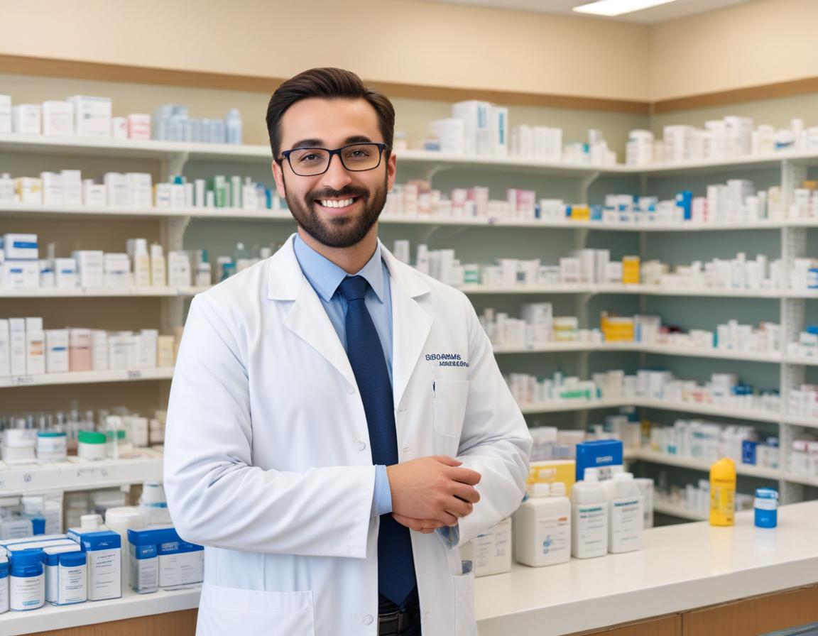 Pharmacist smiling in a well-stocked pharmacy setting Pharmacist smiling in a well-stocked pharmacy setting