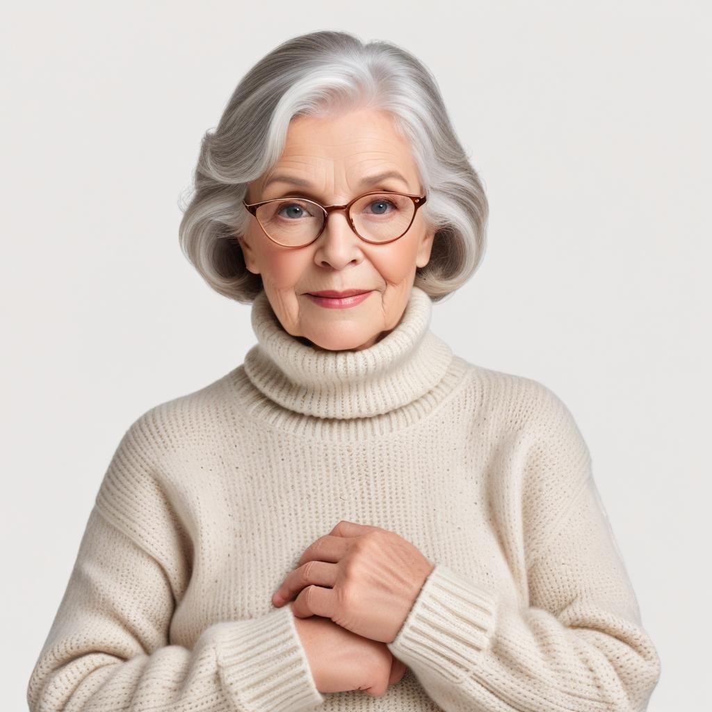 Elderly woman in cozy sweater with gentle expression Elderly woman in cozy sweater with gentle expression