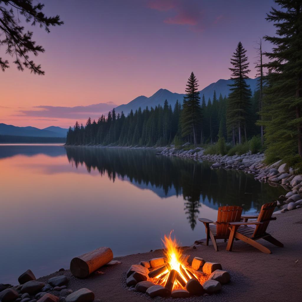 Campfire at sunset by a tranquil lake in the mountains Campfire at sunset by a tranquil lake in the mountains