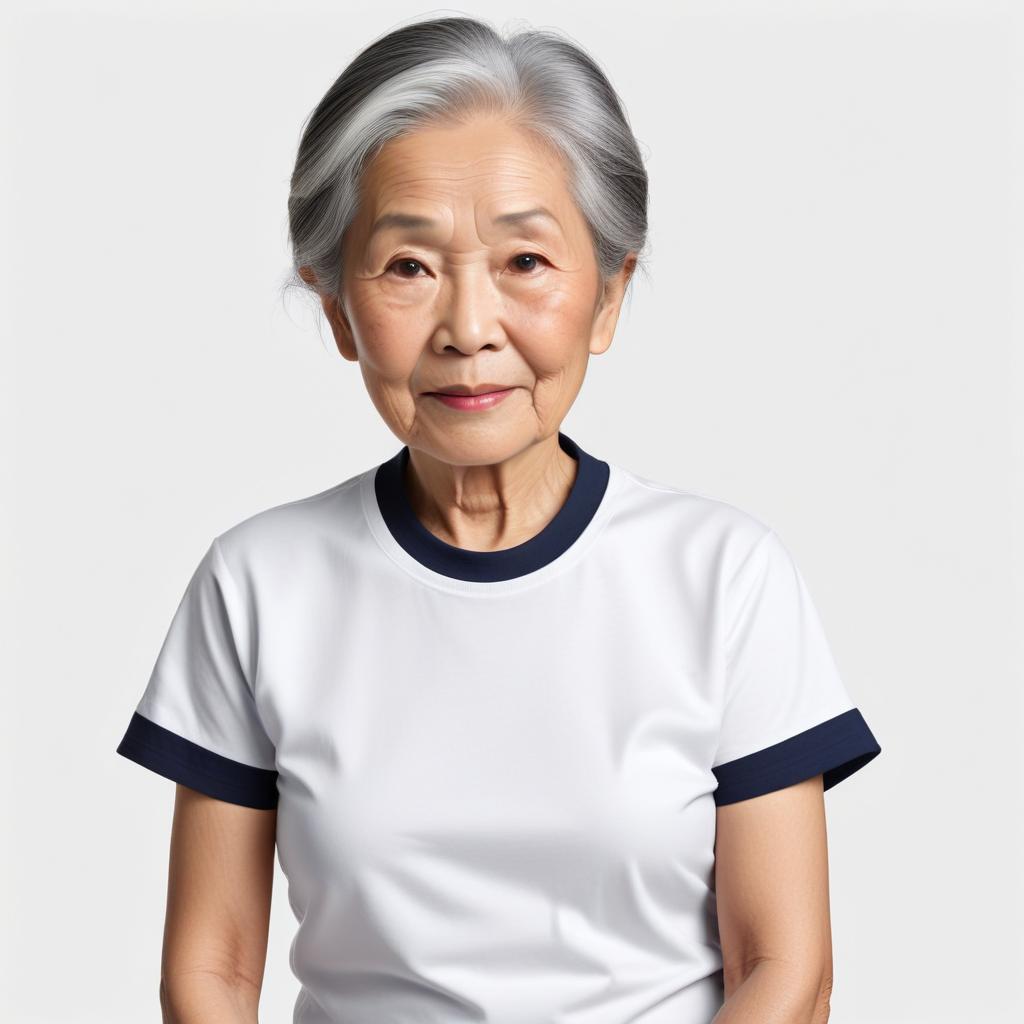Elderly woman posing in a simple white t-shirt Elderly woman posing in a simple white t-shirt