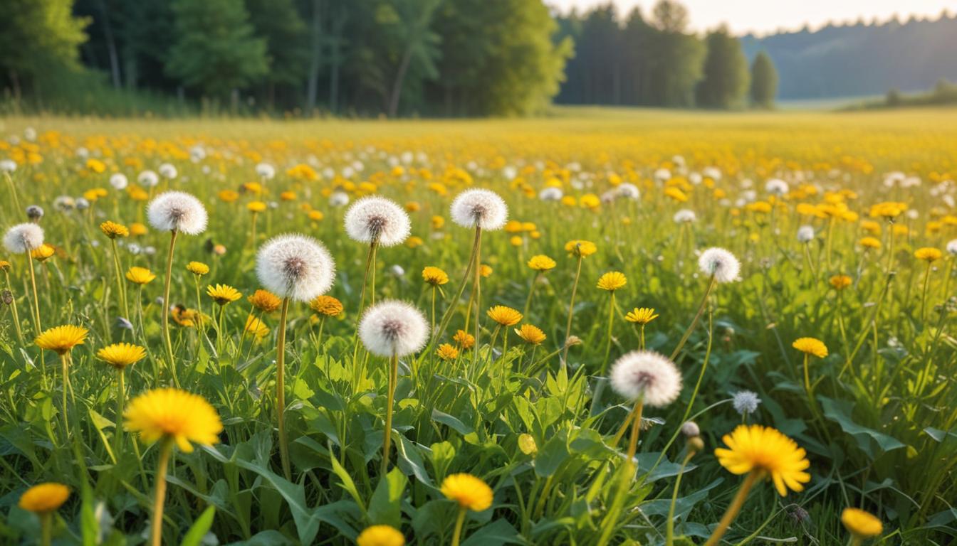Dandelions and dandelion puffs in a sunny field Dandelions and dandelion puffs in a sunny field