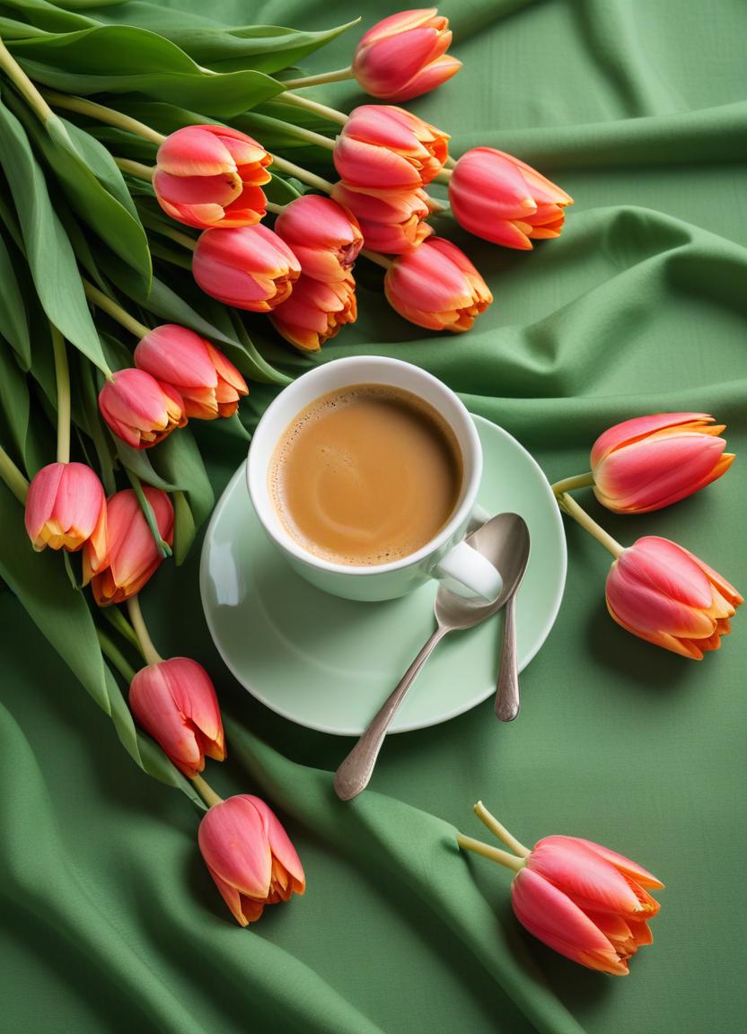 Coffee and tulips create a serene morning scene Coffee and tulips create a serene morning scene