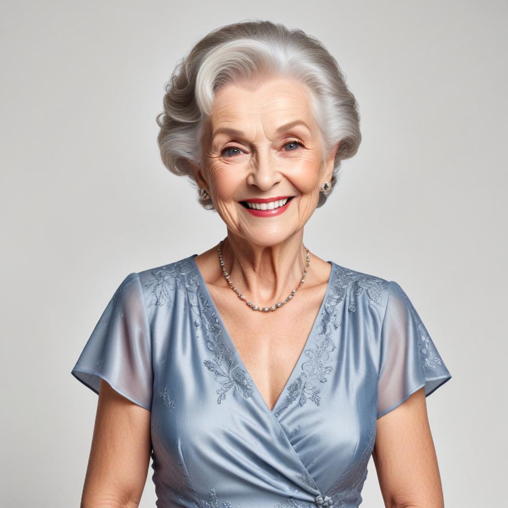 Elegant elderly woman wearing a blue dress with a warm smile Elegant elderly woman wearing a blue dress with a warm smile