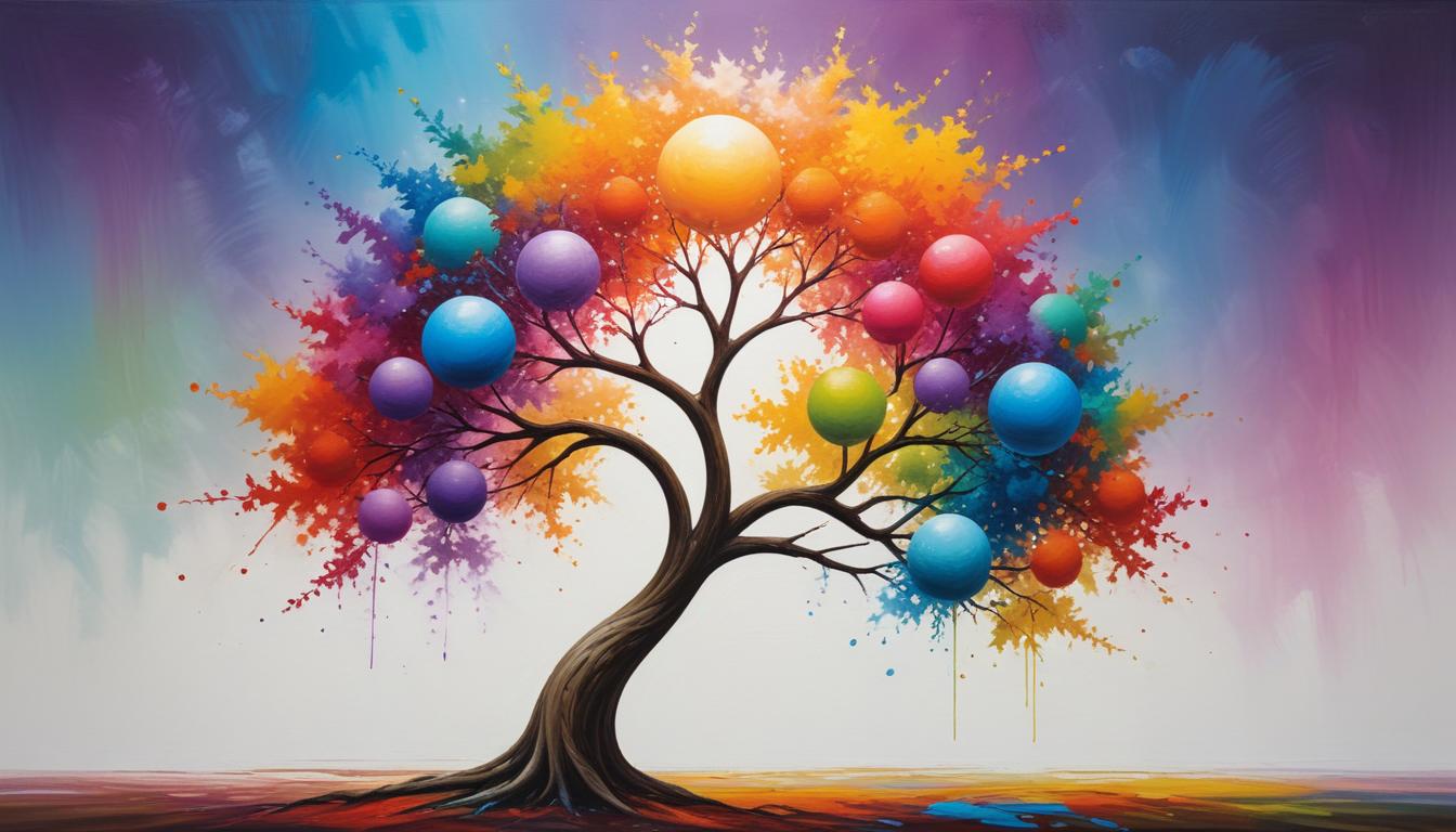 Colorful tree with vibrant spheres at sunset Colorful tree with vibrant spheres at sunset