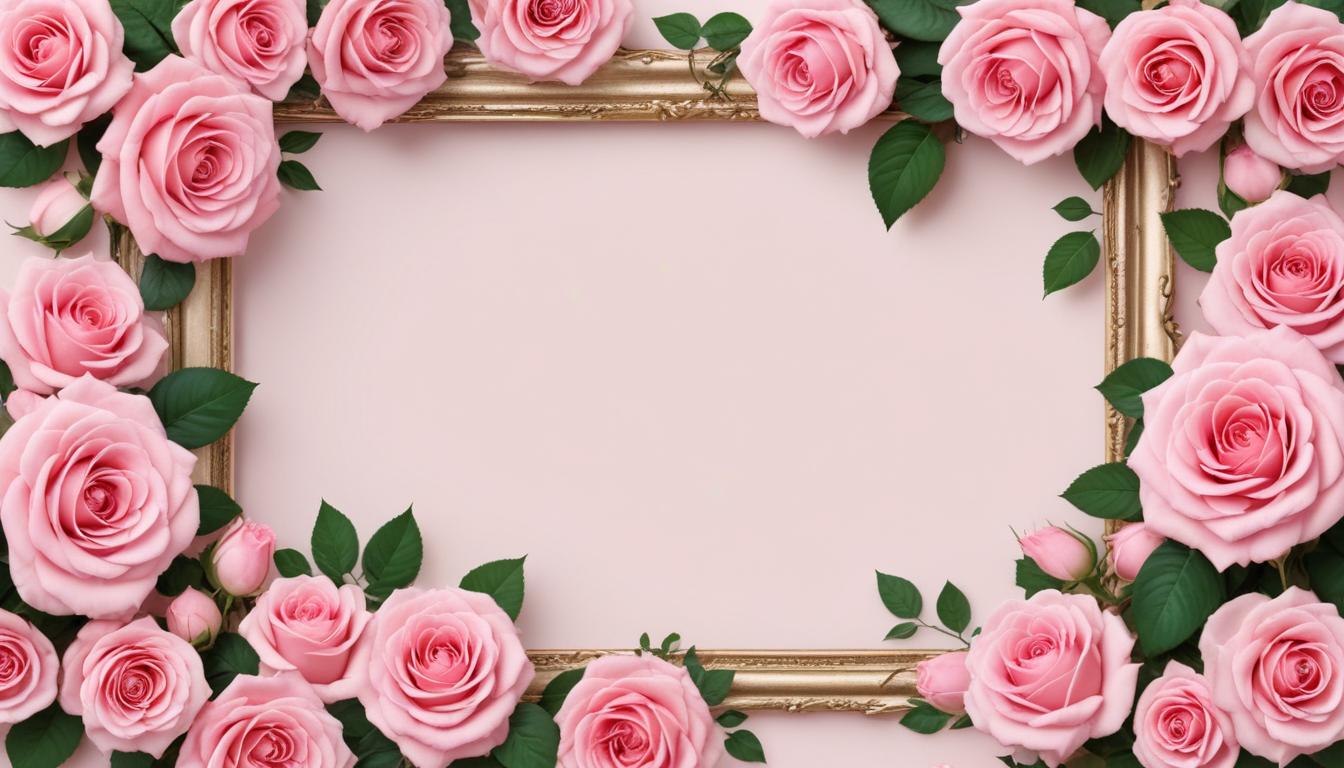 Pink roses in a gold frame on a pastel backdrop Pink roses in a gold frame on a pastel backdrop