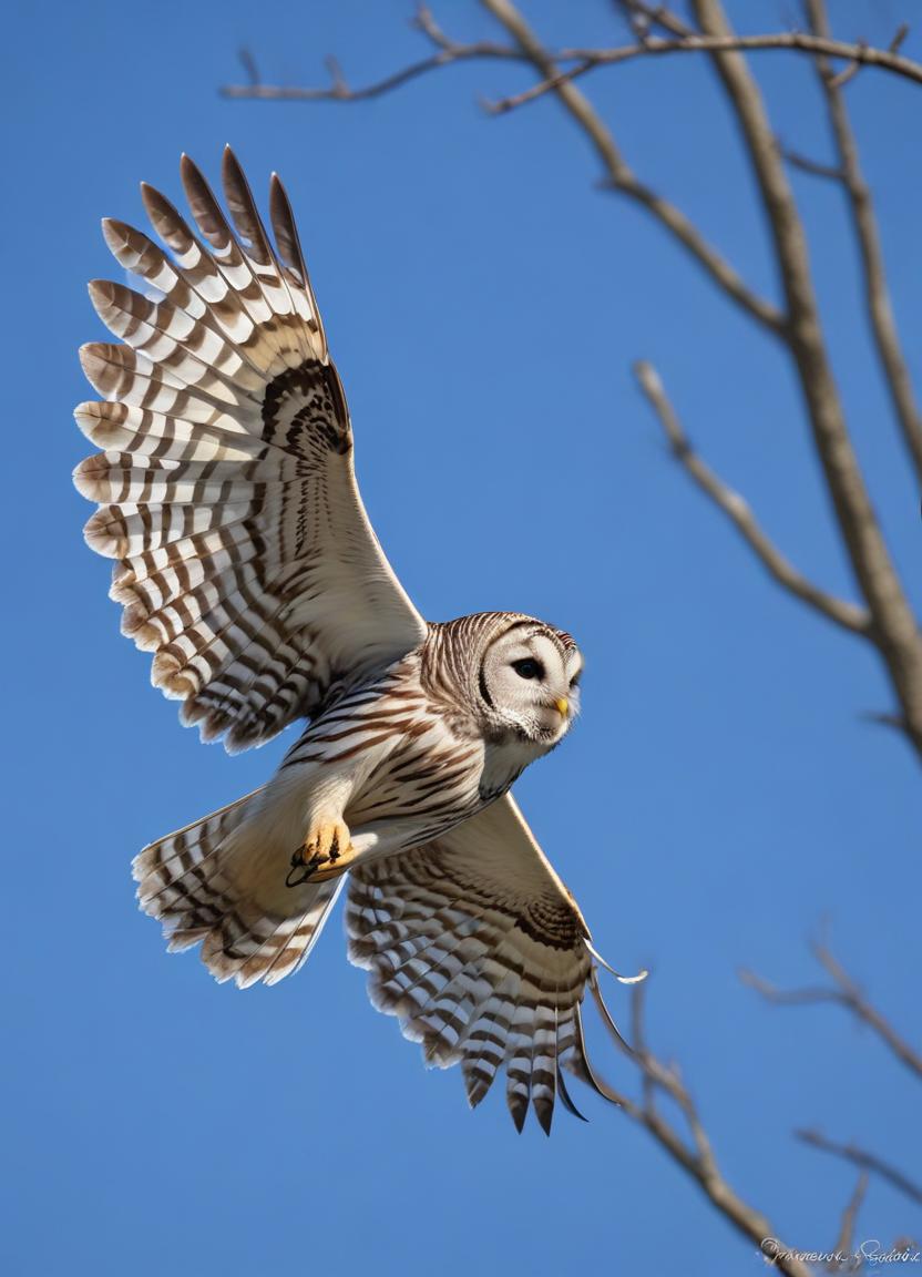 Majestic owl gliding in blue sky near bare branches Majestic owl gliding in blue sky near bare branches