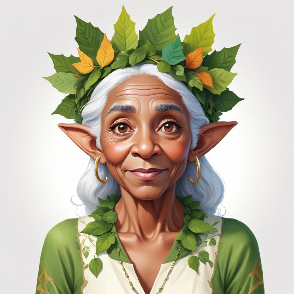 Elderly woman with leafy crown and gentle smile Elderly woman with leafy crown and gentle smile
