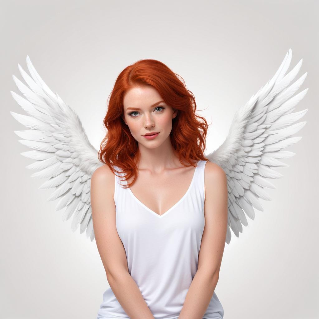 Red-haired model with angel wings poses gracefully Red-haired model with angel wings poses gracefully