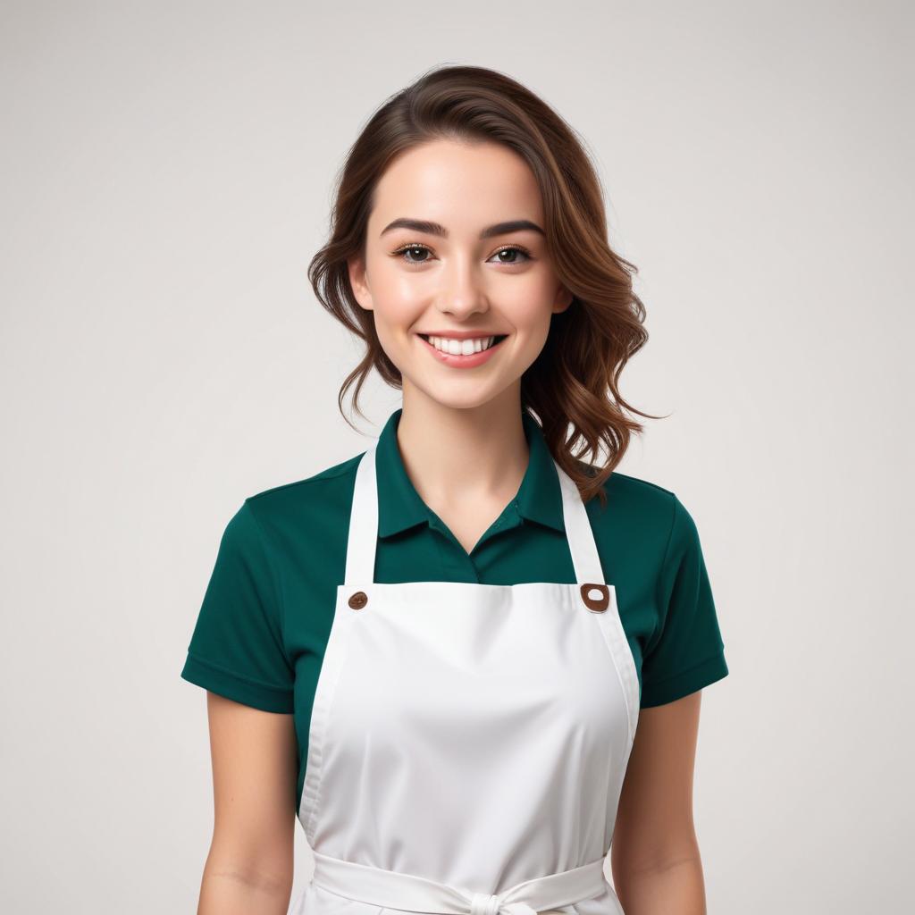 Smiling worker in a green shirt and white apron Smiling worker in a green shirt and white apron
