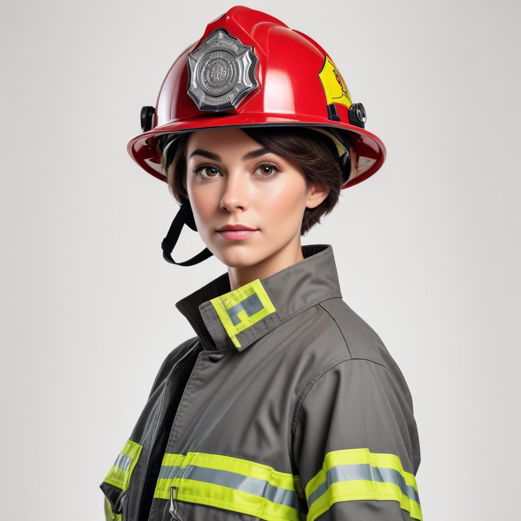 A woman dressed in firefighter gear poses confidently A woman dressed in firefighter gear poses confidently