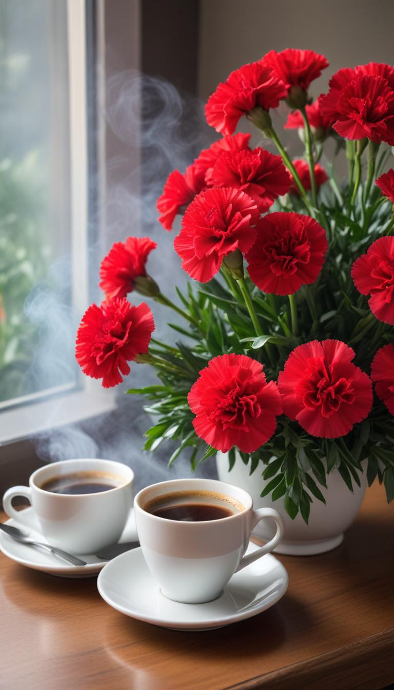 Enjoying coffee alongside vibrant red flowers Enjoying coffee alongside vibrant red flowers