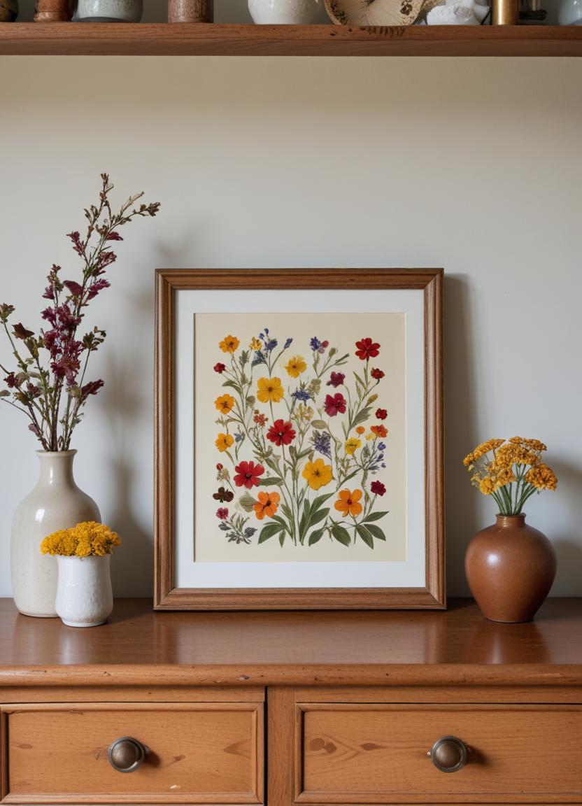 Botanical art display on wooden shelf with vases Botanical art display on wooden shelf with vases