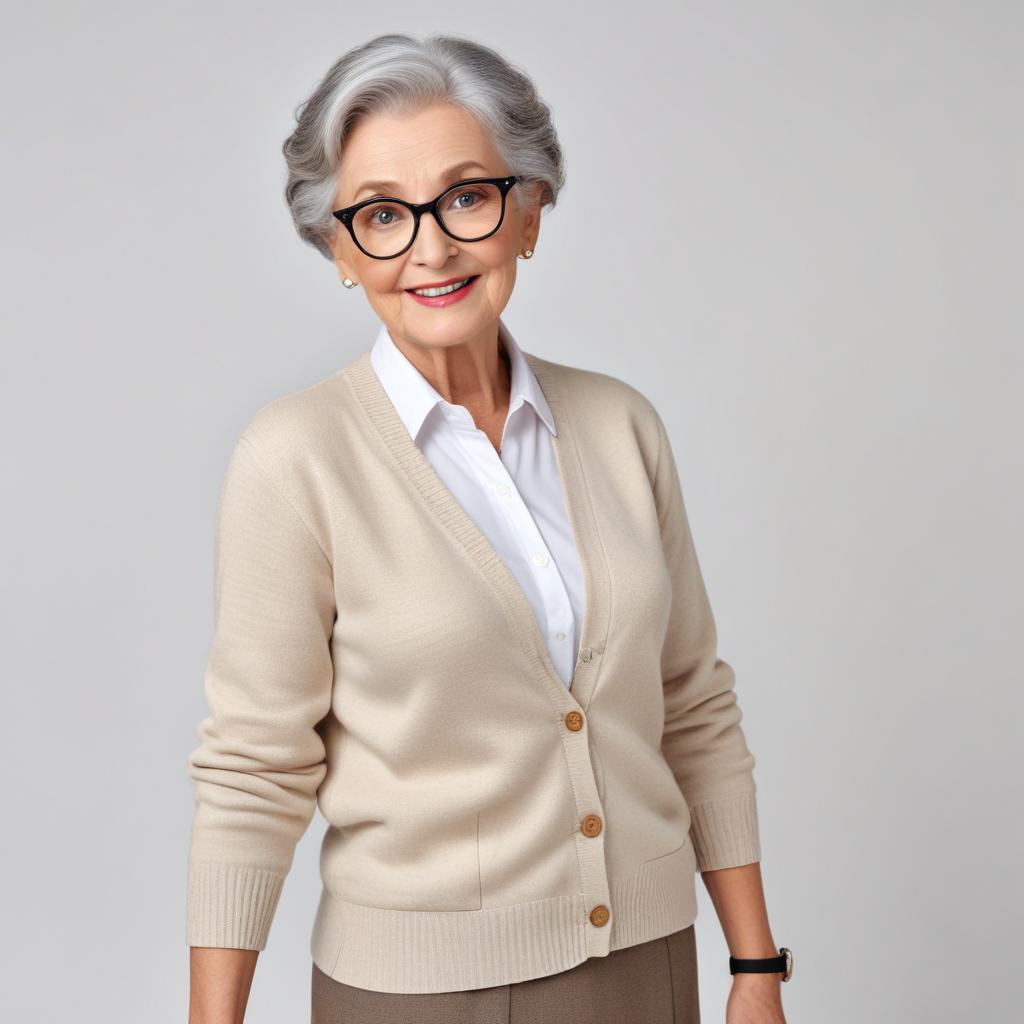 Elderly woman in a stylish sweater smiling warmly Elderly woman in a stylish sweater smiling warmly