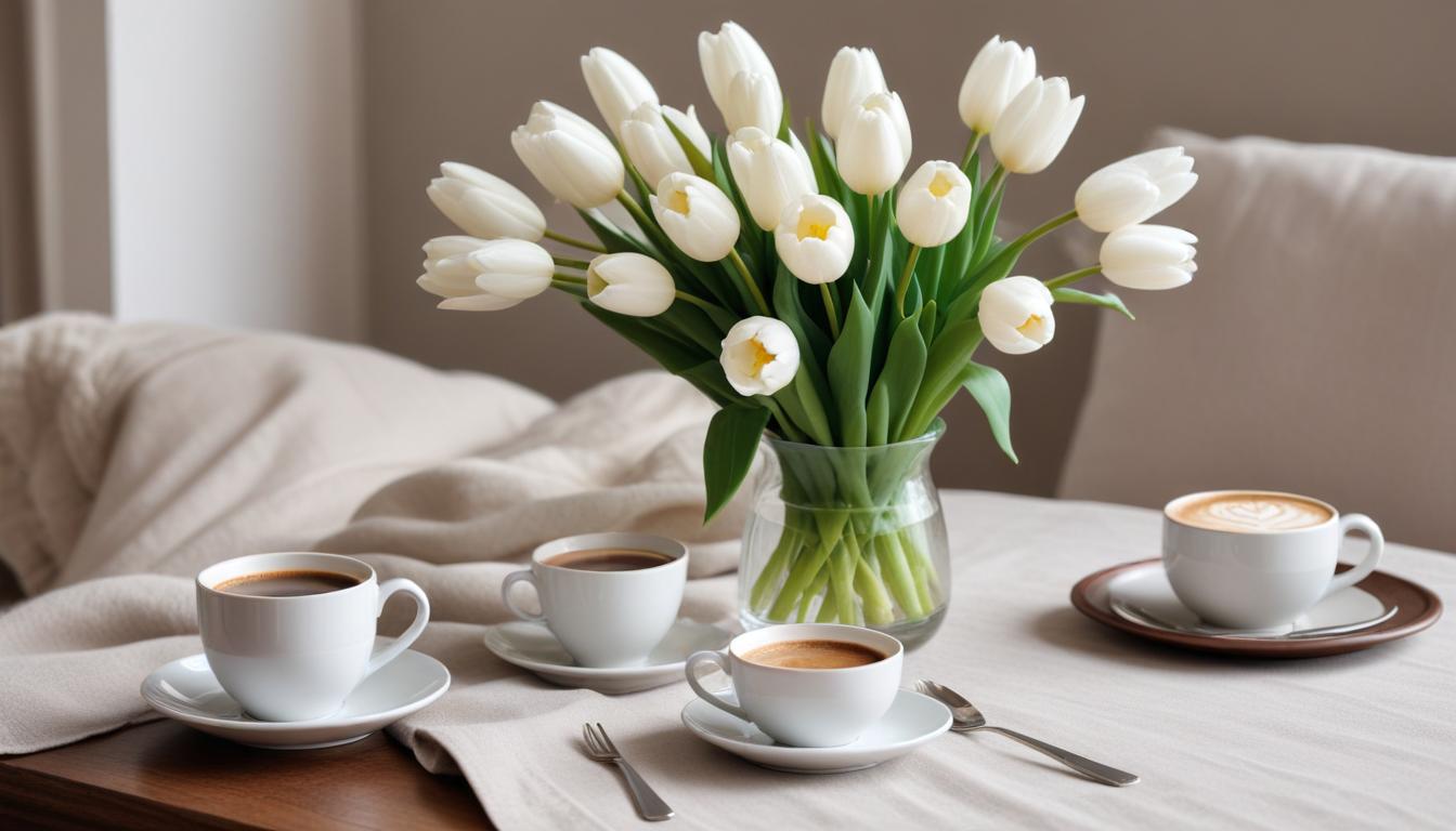 Coffee and tulips create a cozy cafe setting indoors Coffee and tulips create a cozy cafe setting indoors