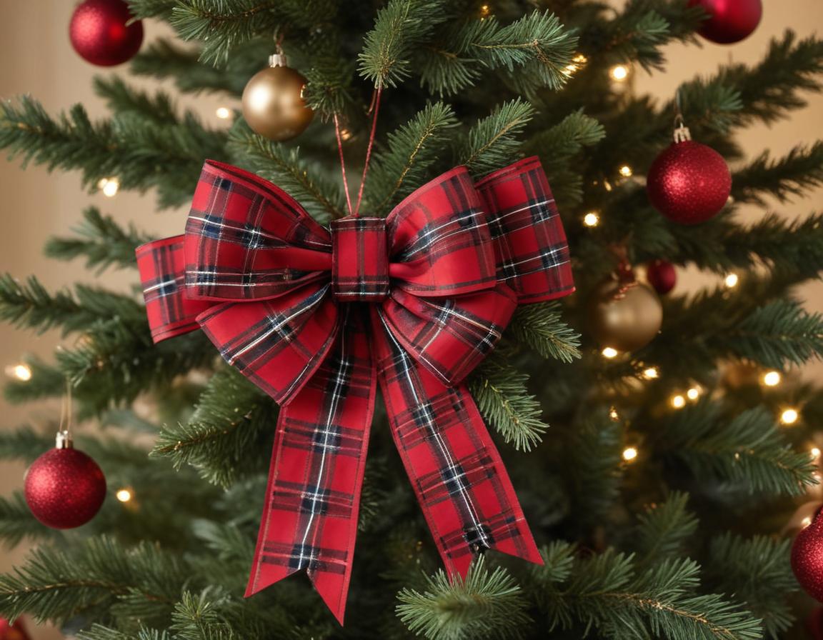 Bright red plaid bow adorns festive christmas tree Bright red plaid bow adorns festive christmas tree