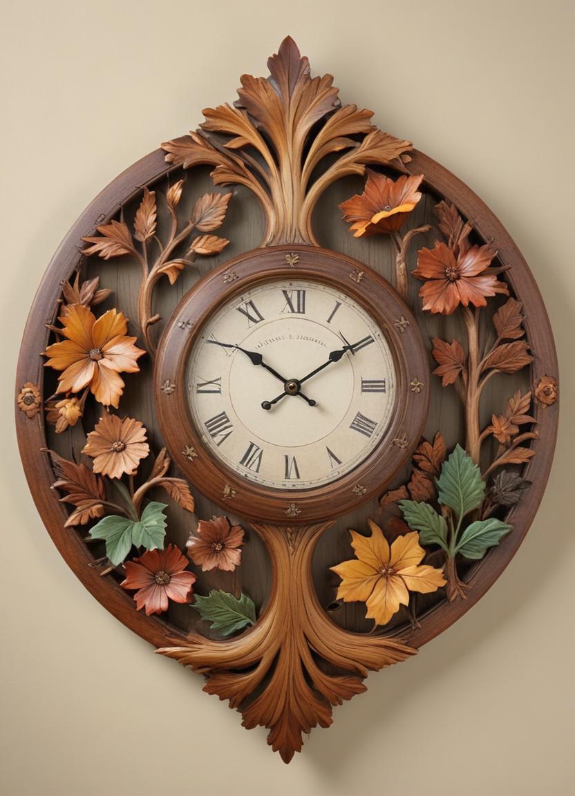 Beautiful wooden wall clock with floral design details Beautiful wooden wall clock with floral design details
