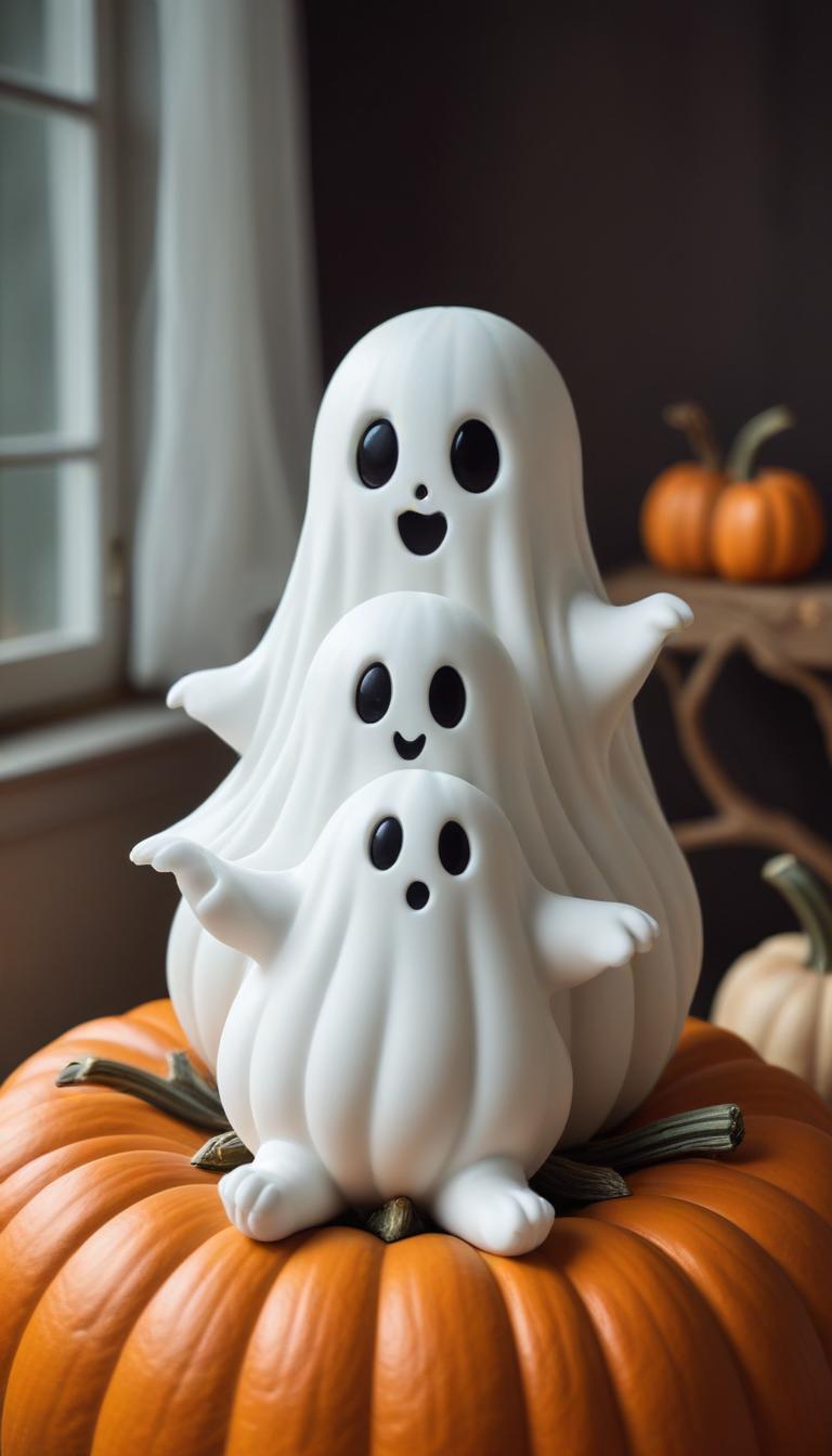 Cute ghost figures on pumpkins for fall decoration Cute ghost figures on pumpkins for fall decoration