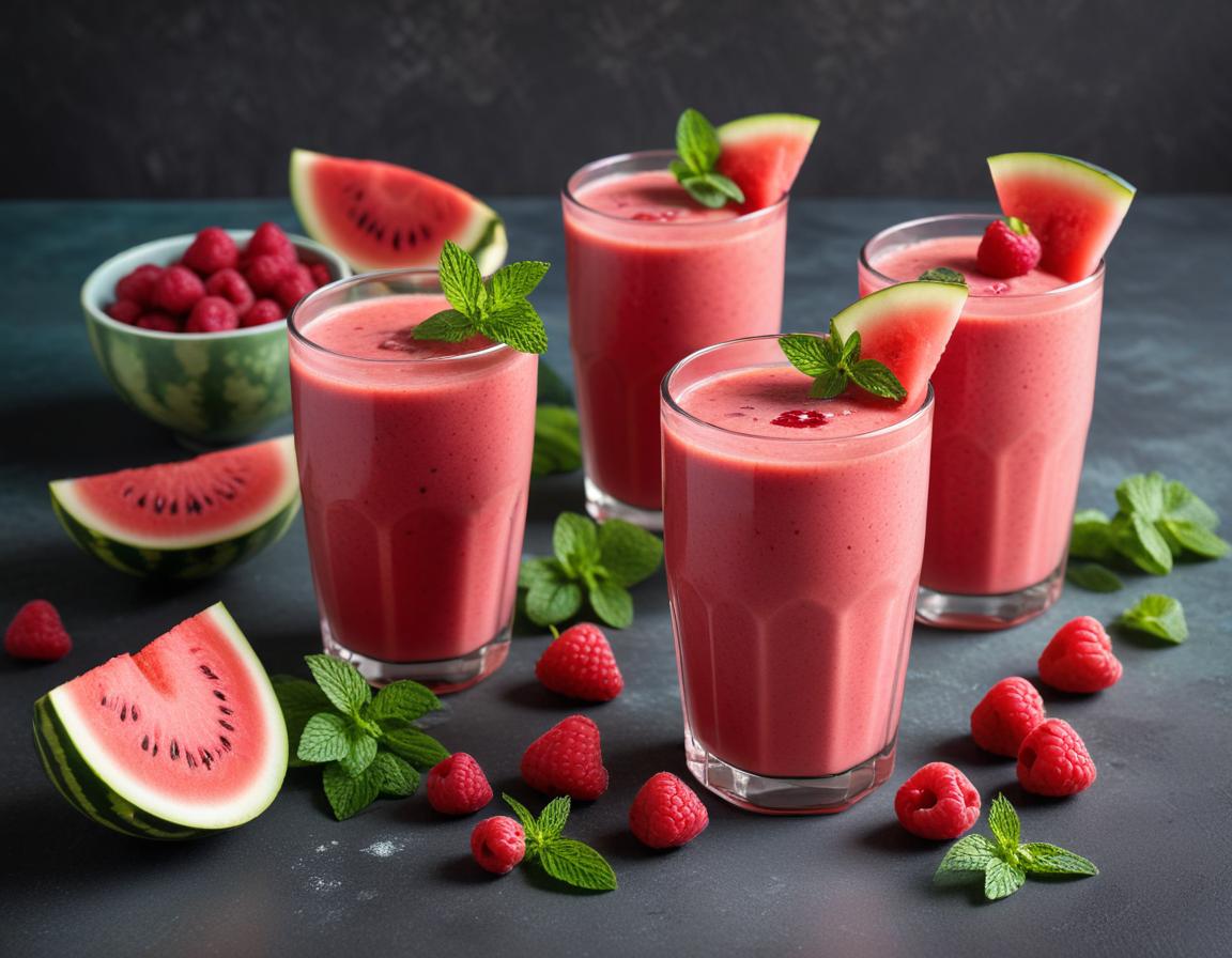 Refreshing watermelon and raspberry smoothie setup at home Refreshing watermelon and raspberry smoothie setup at home