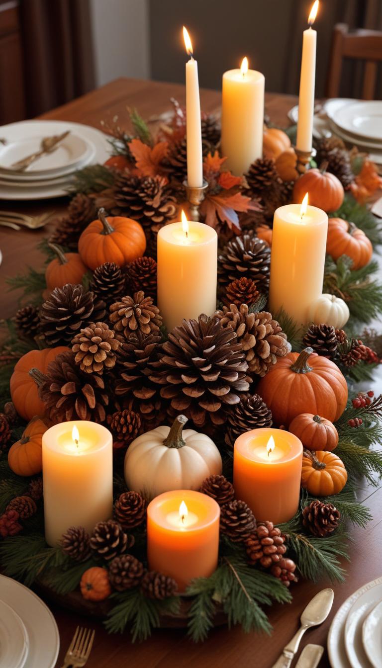 Festive autumn table setting with candles and pumpkins Festive autumn table setting with candles and pumpkins