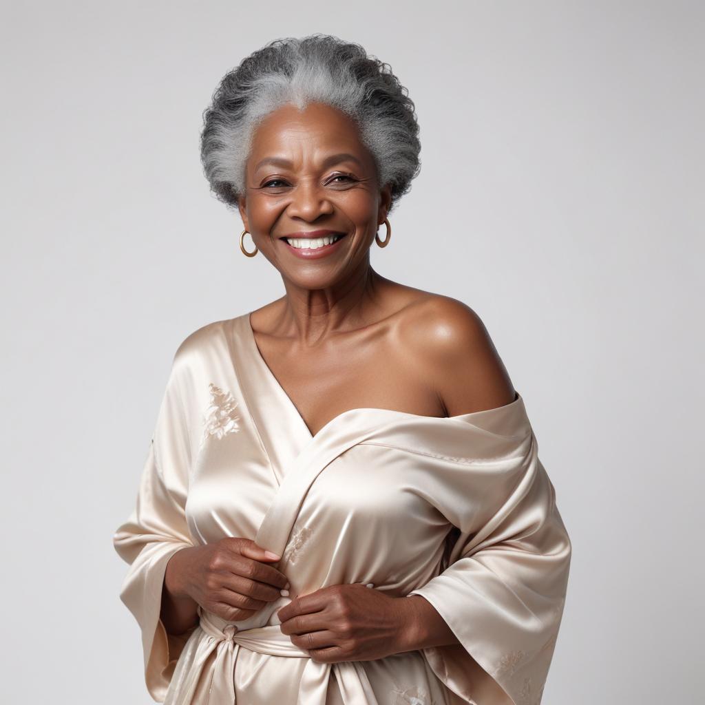 Elegant older woman smiling in soft silk robe Elegant older woman smiling in soft silk robe