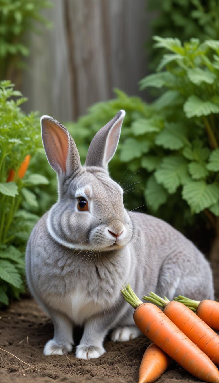 Gray rabbit sitting beside fresh carrots in garden Gray rabbit sitting beside fresh carrots in garden