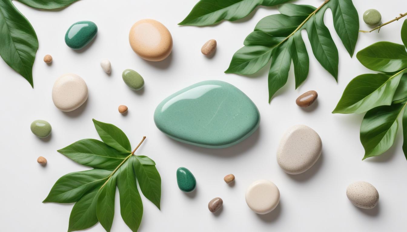 Natural stones and leaves arranged on a white surface Natural stones and leaves arranged on a white surface