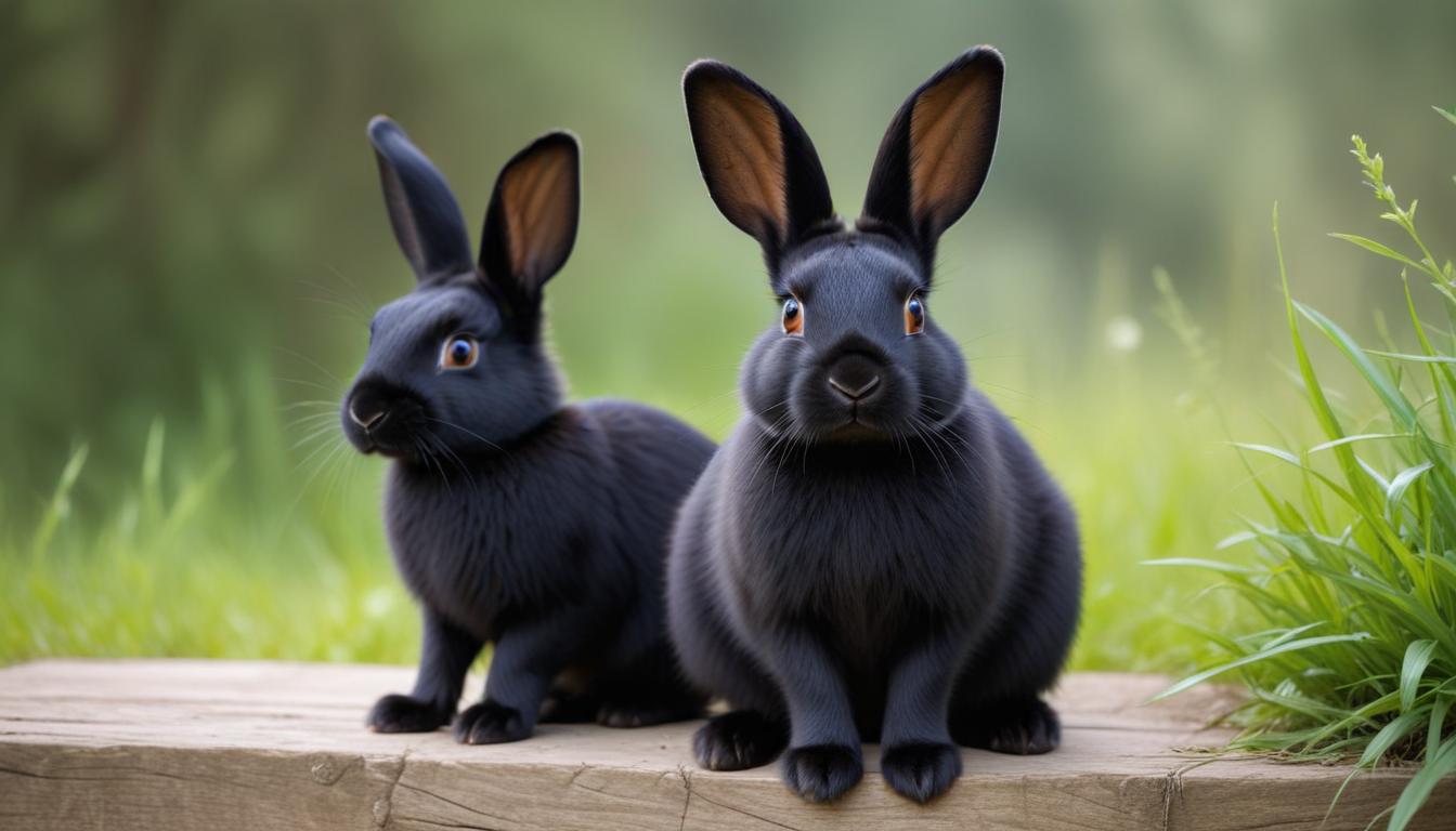 Two black rabbits sitting on wooden surface in nature Two black rabbits sitting on wooden surface in nature