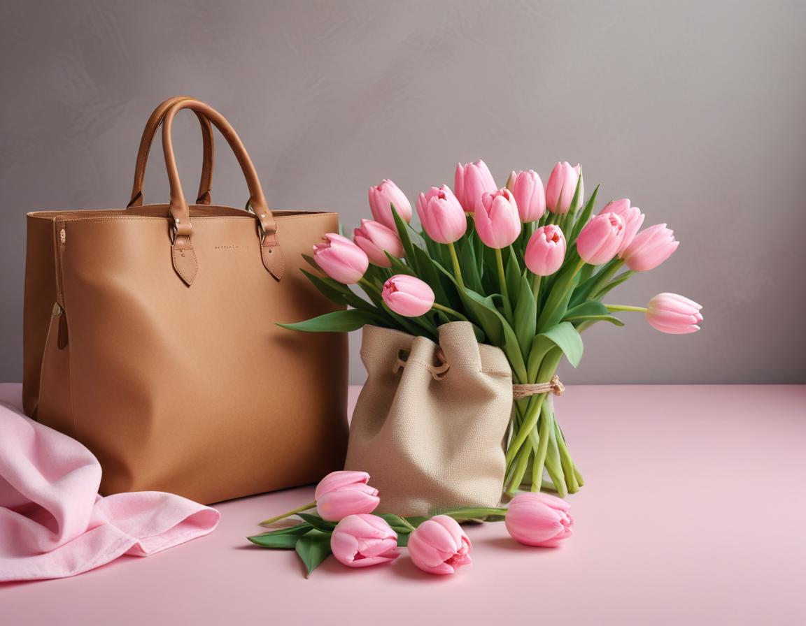 Stylish tote bag and pink tulips on a pastel background Stylish tote bag and pink tulips on a pastel background