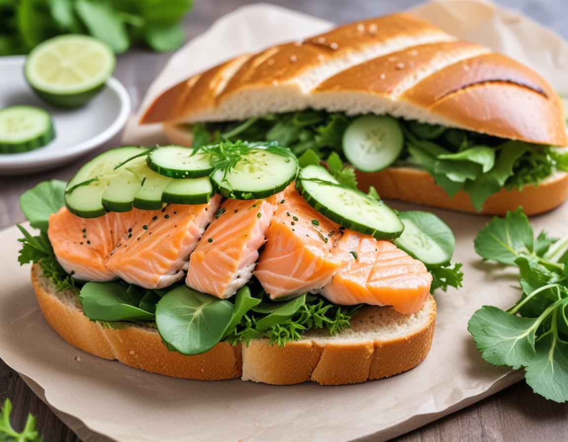 Delicious salmon sandwich with fresh cucumber and greens Delicious salmon sandwich with fresh cucumber and greens