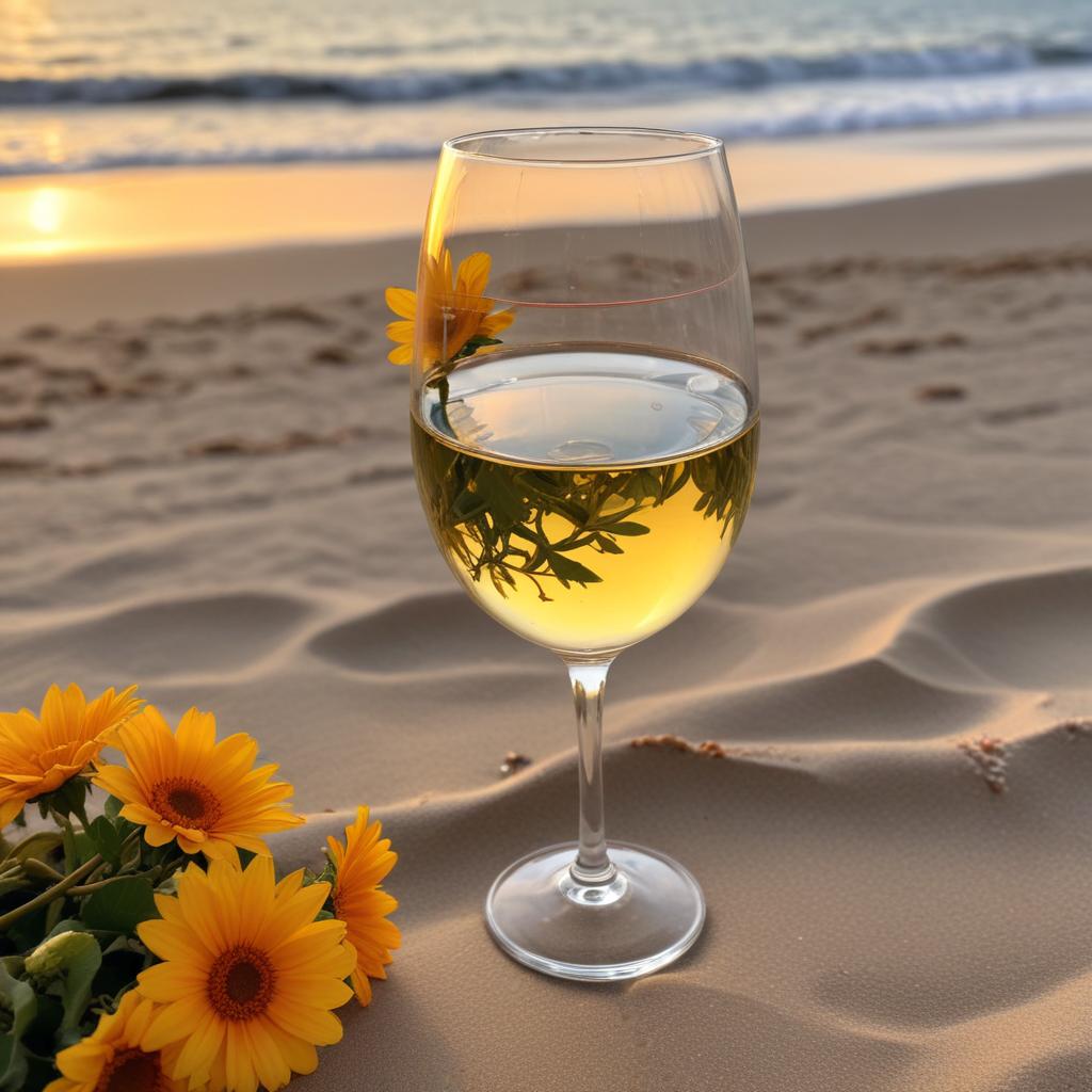 Wine glass by the beach with flowers during sunset Wine glass by the beach with flowers during sunset