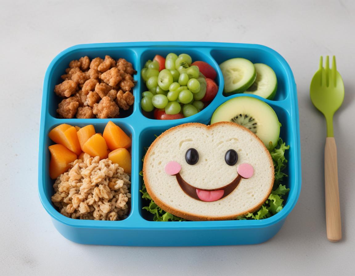 Creative lunchbox with fun character sandwich and fruits Creative lunchbox with fun character sandwich and fruits