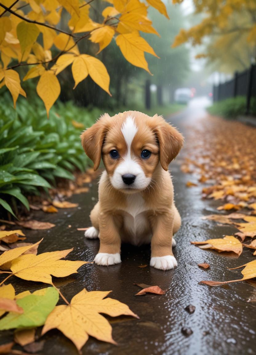 Puppy on pavement, surrounded by autumn leaves Puppy on pavement, surrounded by autumn leaves